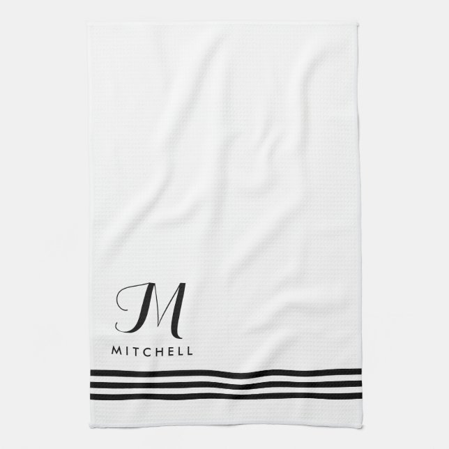 Black and White Sophisticated Stripes and Monogram Kitchen Towel (Vertical)