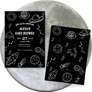 Black and white space planet baby shower invitation