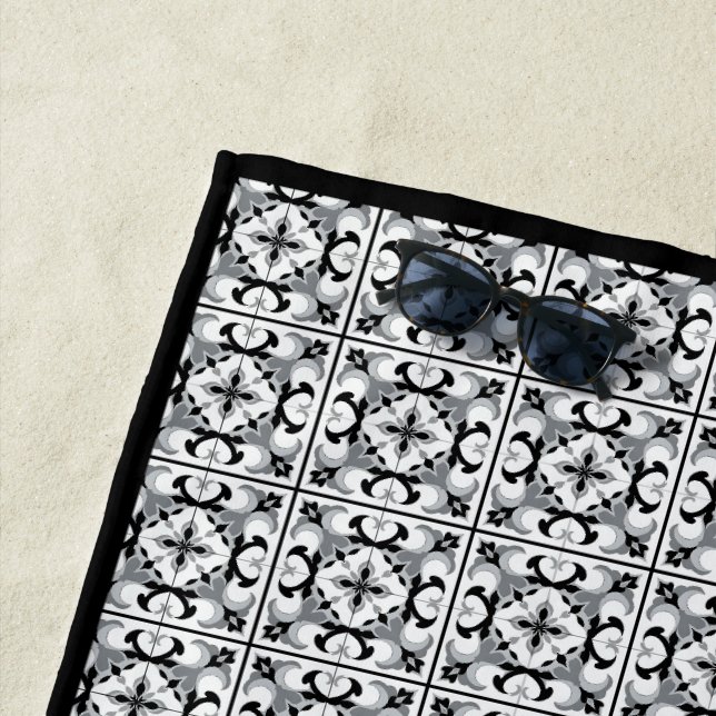 Black and White Spanish Style Tile Beach Towel (In Situ)