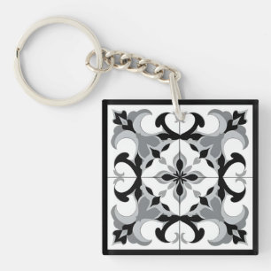 Black and White Spanish Style Tile Keychain
