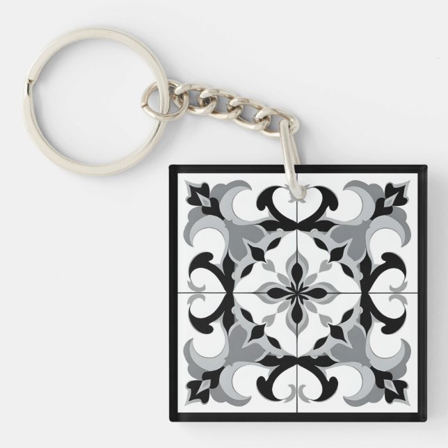 Black and White Spanish Style Tile Keychain (Front)