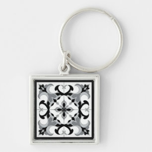 Black and White Spanish Style Tile Keychain