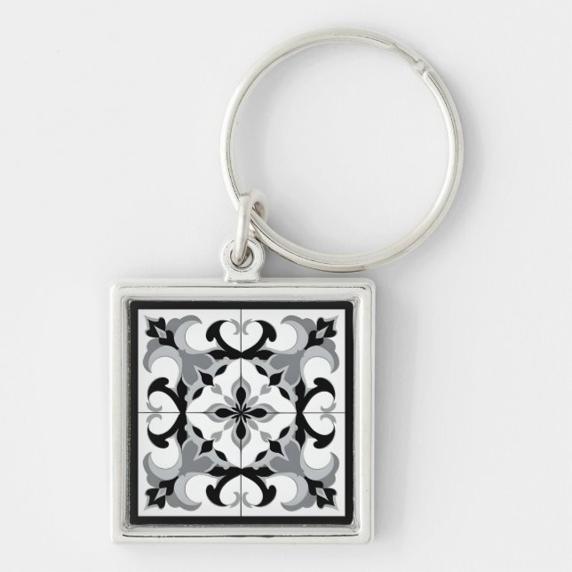 Black and White Spanish Style Tile Keychain (Front)