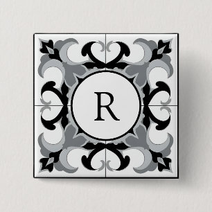 Black and White Spanish Style with Initial 2 Inch Square Button