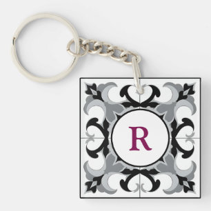 Black and White Spanish Style with Initial  Keychain