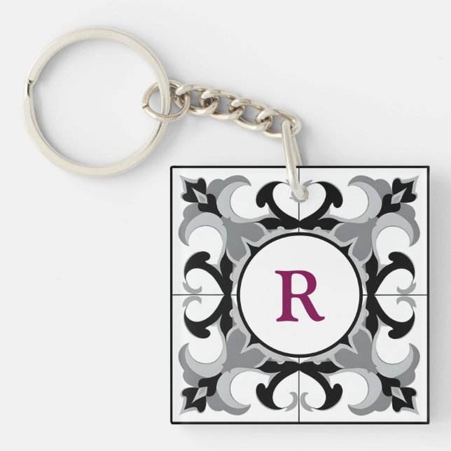 Black and White Spanish Style with Initial  Keychain (Front)