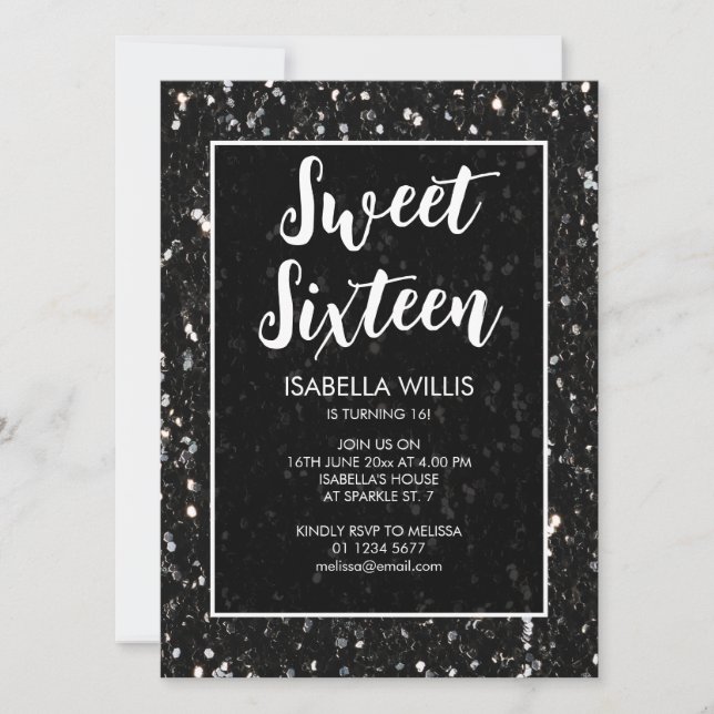 Black and white sparkles Sweet 16 elegant script Invitation (Front)