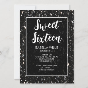 Black and white sparkles Sweet 16 elegant script Invitation