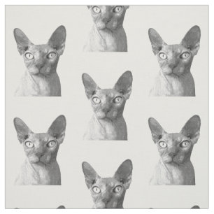 Black and White Sphynx Cat Portrait Fabric