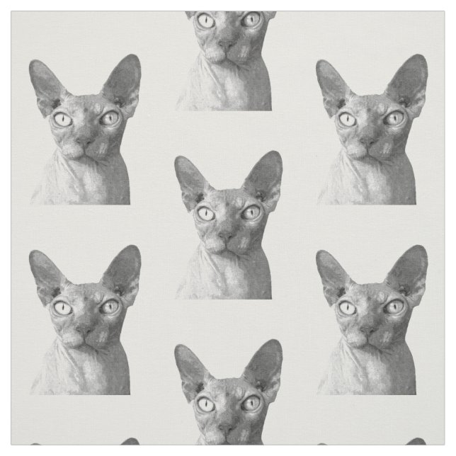 Black and White Sphynx Cat Portrait Fabric (Swatch)
