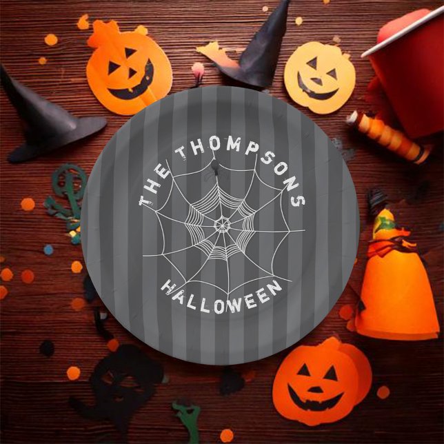 Black and White Spider Halloween Party Custom Paper Plate (Halloween cute spider web custom party paper plate. )