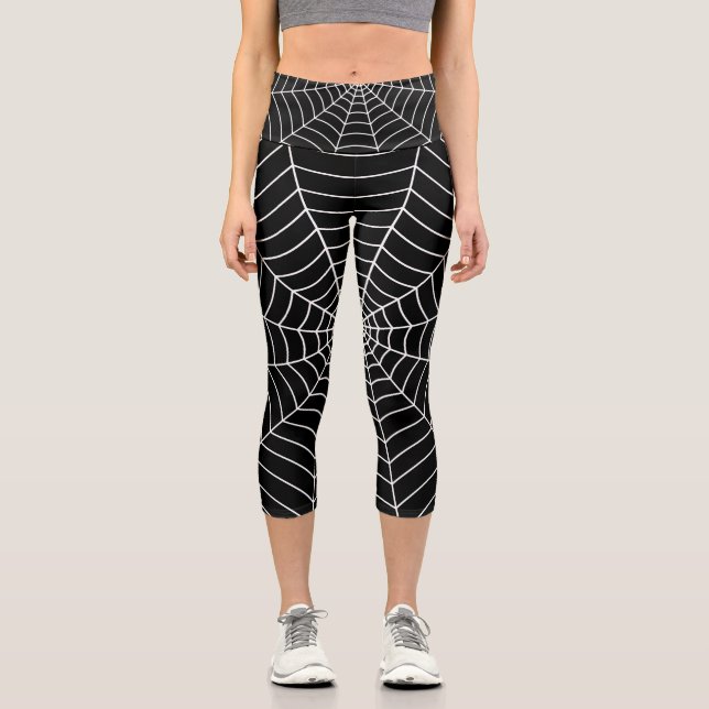 Black and White spider web Halloween pattern Capri Leggings (Front)