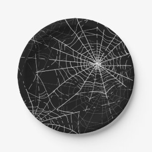 Black and White Spider Webs Halloween Party Paper Plate