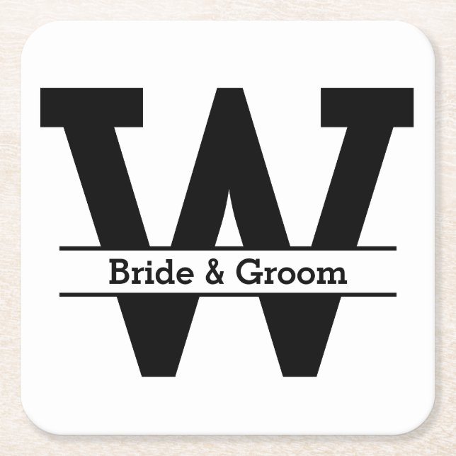 Black and White Split Monogram Wedding Square Paper Coaster (Front)