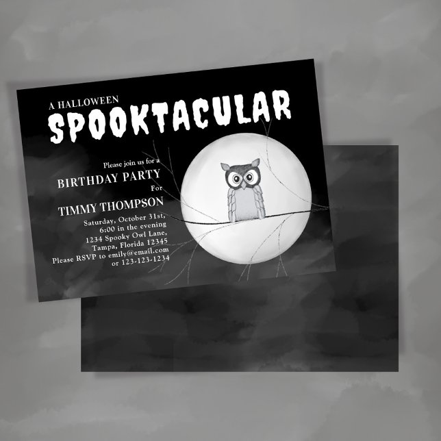 Black and White Spooktacular Owl Halloween Party Invitation (Halloween spooktacular invitation with spooky owl,)