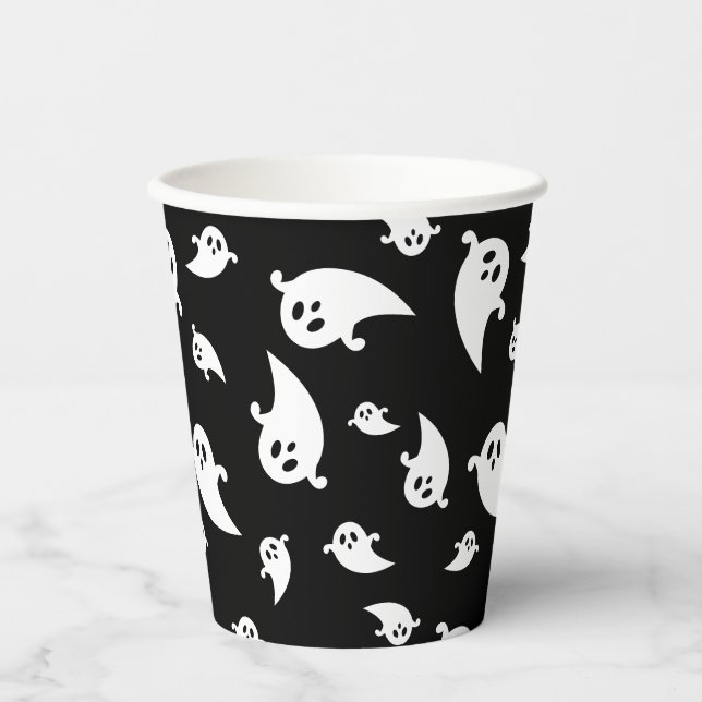 Black And White Spooky Ghost Pattern Halloween Paper Cups (Front)