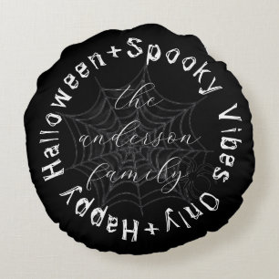 Black and White Spooky Spider Web Happy Halloween Round Pillow