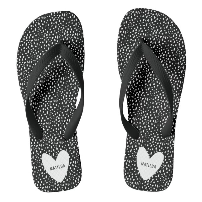 Black and white spot with heart personalized flip flops (Footbed)
