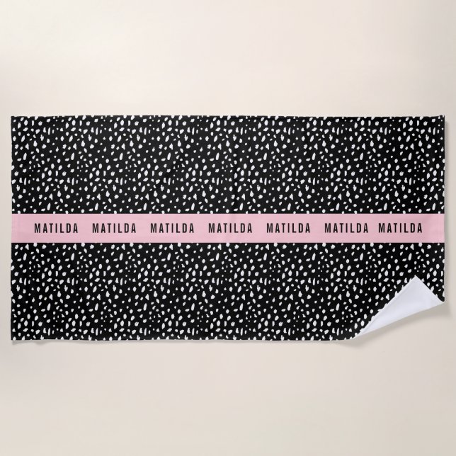 Black and white spot with pink stripe personalized beach towel (Front)