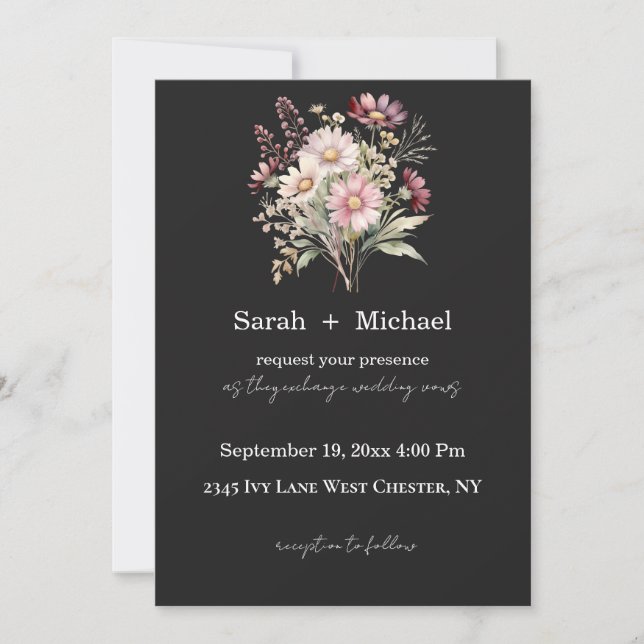 Black and White Spring Floral Wedding Invitation (Devant)