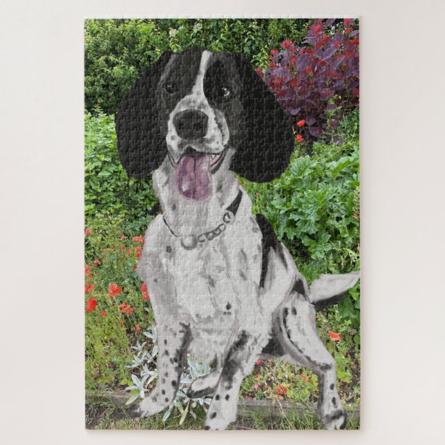 Black and White Springer Spaniel against a Flower  Jigsaw Puzzle (Vertical)