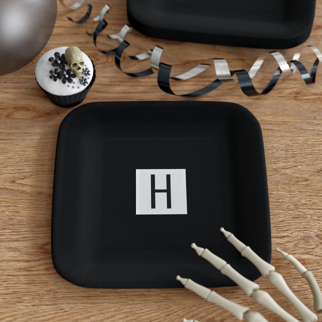 Black and White Square Monogrammed Halloween Paper Plate (A simple black and white monogrammed paper plate suitable for your stylish Halloween party)
