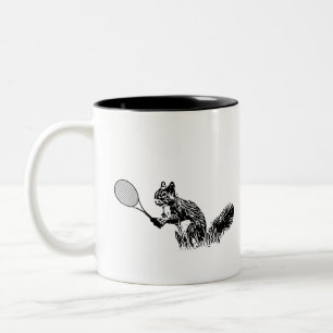 Black and White Squirrel With Tennis Racket Two-Tone Coffee Mug
