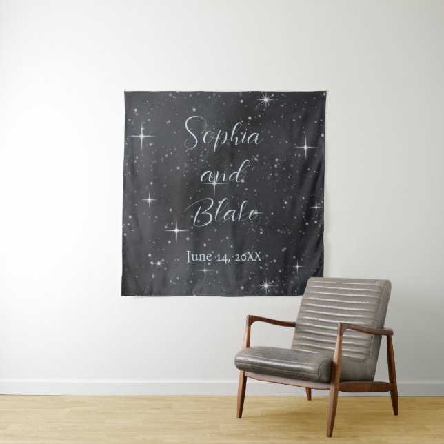 Black and White Starry Night Celestial Wedding Tapestry (In Situ)