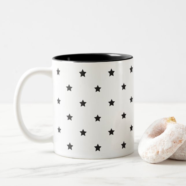 Black And White Stars Pattern Two-Tone Coffee Mug (With Donut)