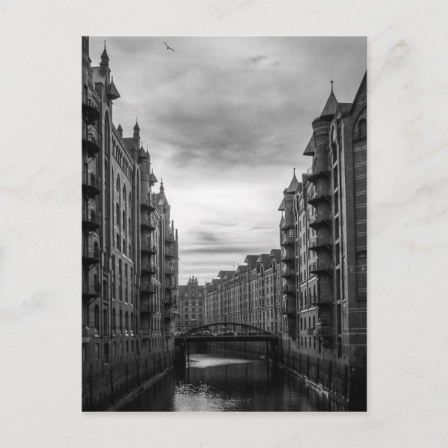 Black and White Storehouse Town River Bridge Postcard (Front)