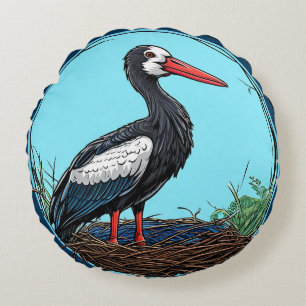 Black and White Stork Standing on Nest Round Pillow