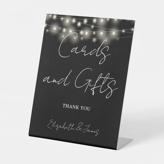 Black And White String Lights Cards And Gifts Pedestal Sign (Front)