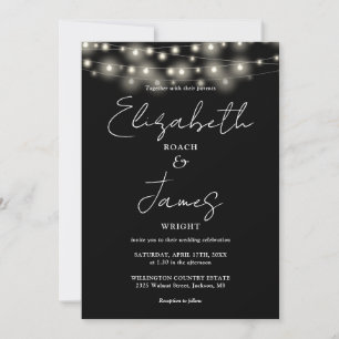 Black And White String Lights Chic Script Wedding Invitation