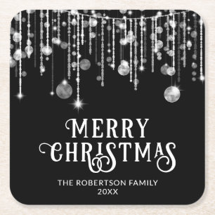 Black and White String Lights Christmas Party Square Paper Coaster