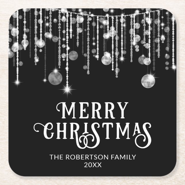 Black and White String Lights Christmas Party Square Paper Coaster (Front)