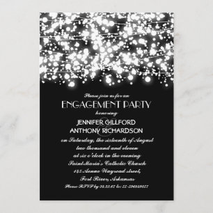 black and white string lights engagement party invitation