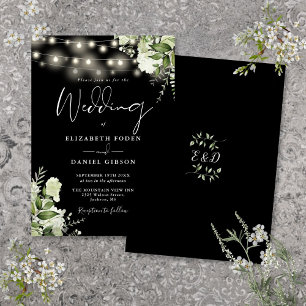 Black And White String Lights Floral Wedding Invitation