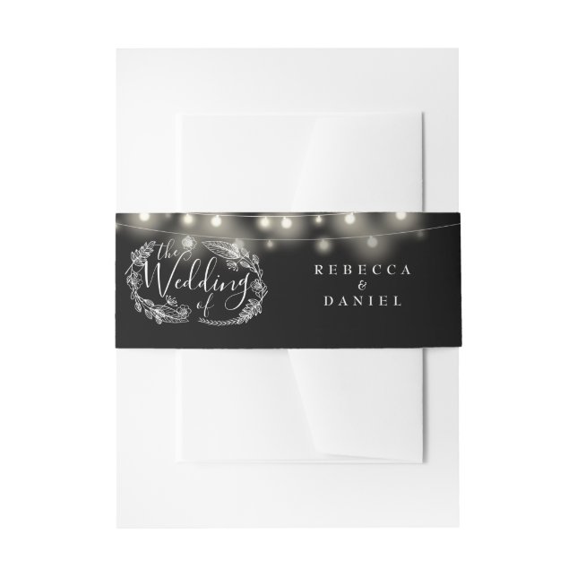 Black And White String Lights Floral Wedding Invitation Belly Band (Front Example)