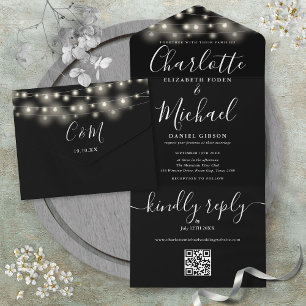 Black And White String Lights QR Code Wedding  All In One Invitation