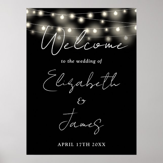 Black And White String Lights Wedding Welcome Sign (Front)
