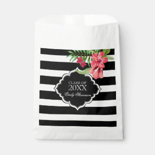 Black And White Stripe And Pink Flowers Favour Bag