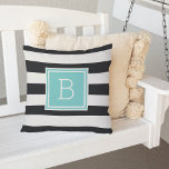 Black and White Stripe Aqua Monogram Outdoor Outdoor Pillow<br><div class="desc">Add bold,  modern style to your patio,  deck or pool with our monogrammed outdoor throw pillow in chic black and white with a pop of aqua. Design features wide black and white horizontal stripes on both sides,  with your single initial monogram on the front in vibrant,  summery turquoise aqua.</div>