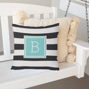 Black and White Stripe Aqua Monogram Outdoor Pillow