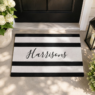Black and White Stripe Family Welcome Doormat