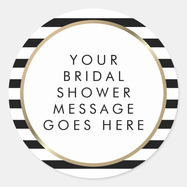 Black and White Stripe Gold Bridal Shower Classic Round Sticker (Front)