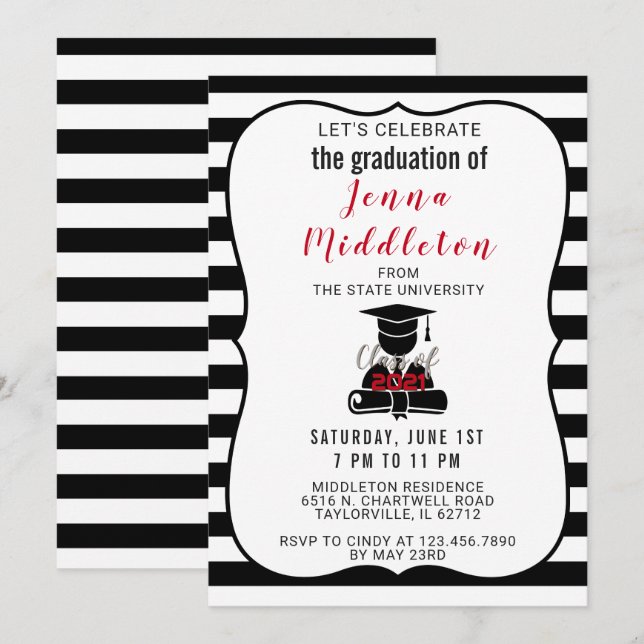 Black and White Stripe Graduation Invitation (Front/Back)