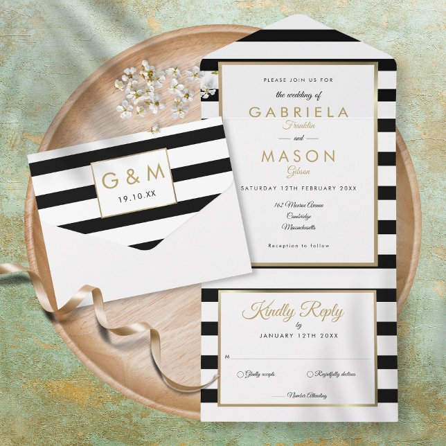 Black And White Stripe Modern Gold Wedding All In One Invitation (Creator Uploaded)