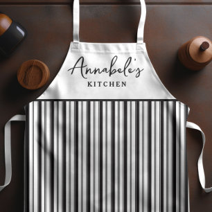 Black and White Stripe Modern Script Personalized  Apron