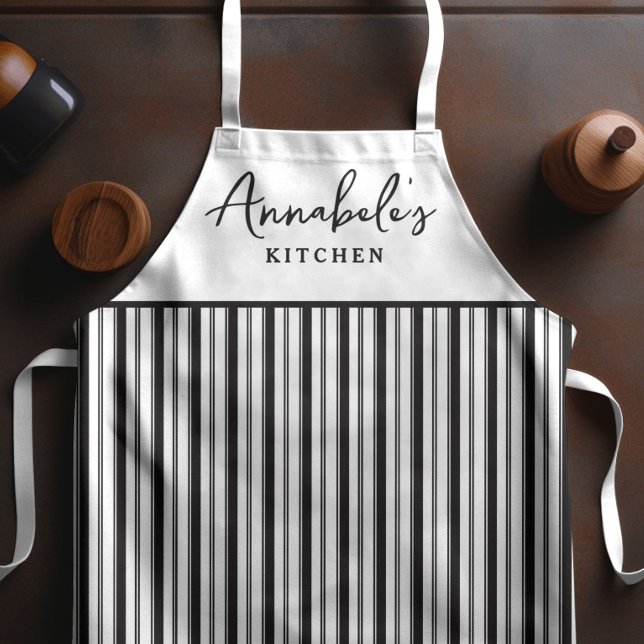 Black and White Stripe Modern Script Personalized  Apron (Creator Uploaded)