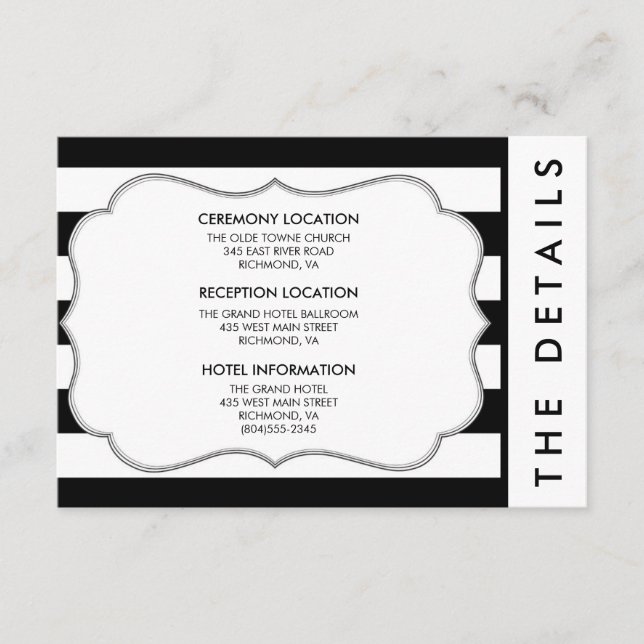 Black and White Stripe Modern Wedding Details Card (Front)